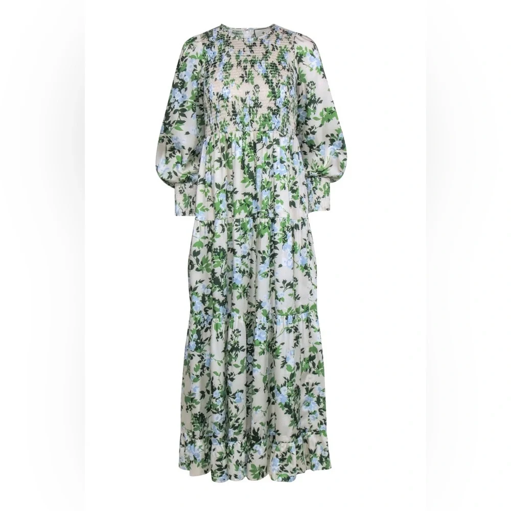 Tuckernuck - Beige w/ Blue & Green Floral Print Smocked Dress Sz XS - Picture 4 of 15